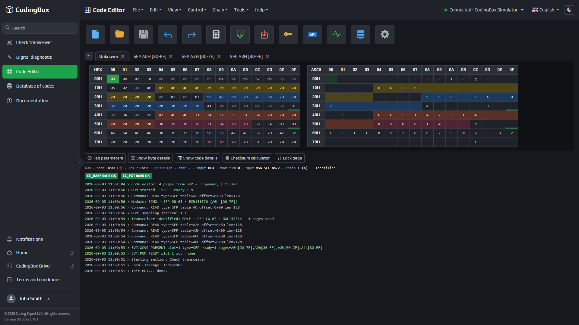 CodingBox 窗口：存储器编辑器、HEX 与 ASCII 网格、QSFP 页面选项卡、校验和与操作日志